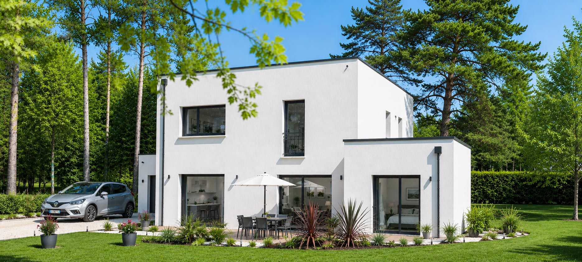 Vue extérieure de la maison à toit-terrasse à Monts